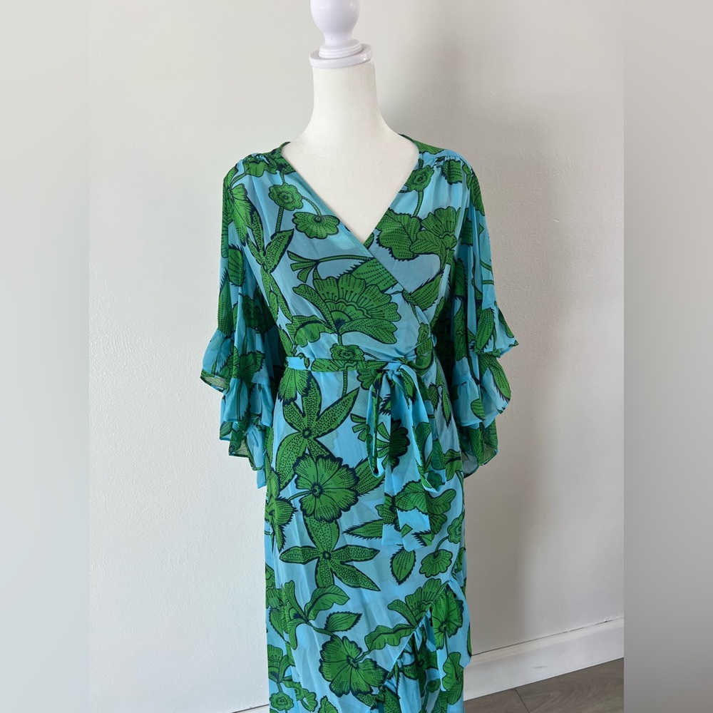 CAbi Derby Dress Light Blue & Green Flutter Sleeve True Wrap Midi Dress Small - Picture 3 of 11